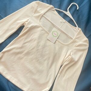 Cream Ribbed Square Neck Top